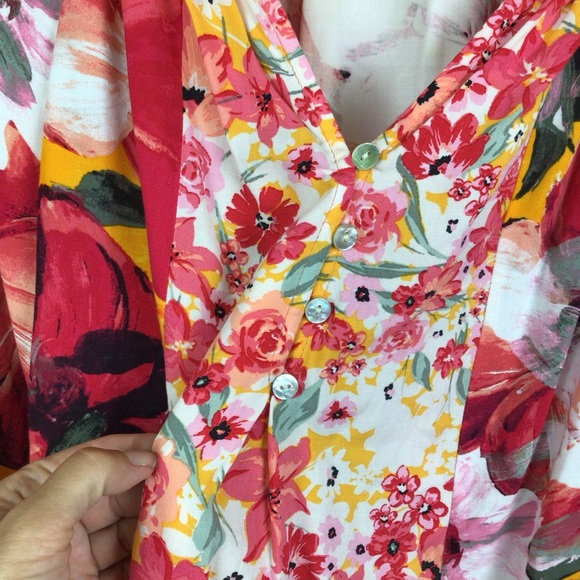 Fig & Flower Red Orange Floral Blouse Tie balloon Sleeves Boho pretty rayon L. - Picture 11 of 11